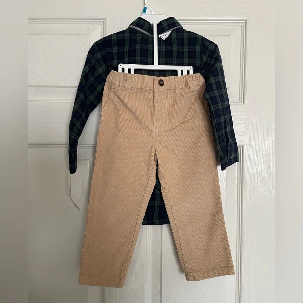Carter's Green Plaid Button Up Bodysuit with Tan Pants and Grey Bowtie NWT 24mo